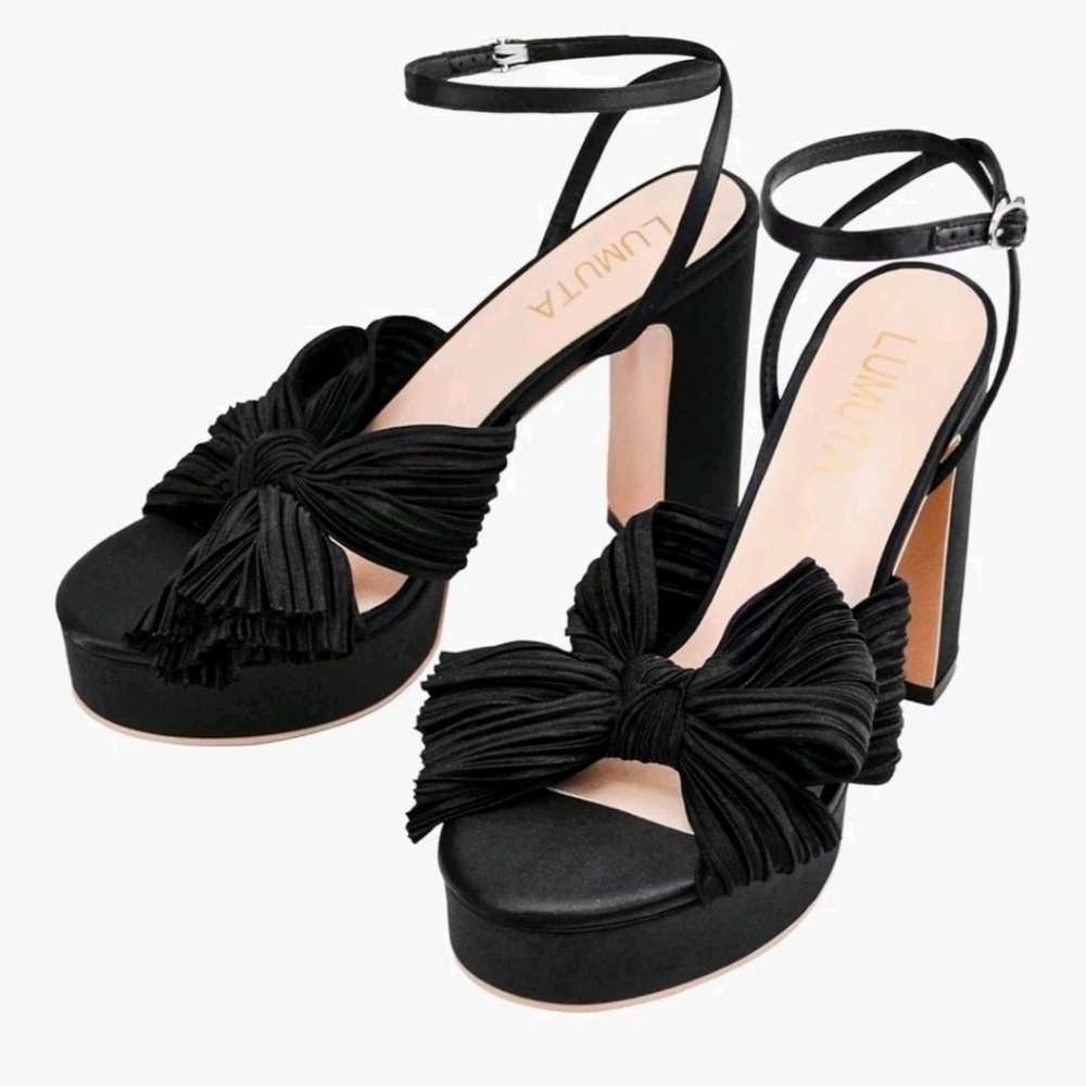 Black Women's Platform Heels Ladies Leather Block Heel Strappy Black Sandals